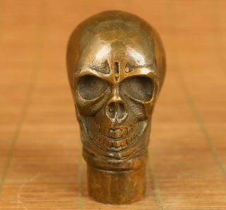 Rare Asian Old Bronze Hand Carved Skull Head Statue Walking Stick Noble Decorate