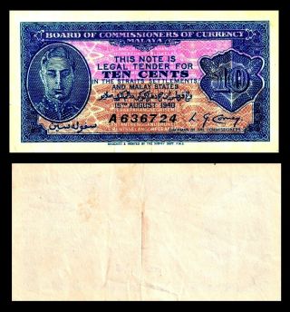 Malaya:/ British Adm.  P - 2,  10 Cents 1940 King George Vi Xf Rare