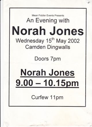 Norah Jones Rare Concert Dingwalls Camden Flyer May 2002 Measures 30cm X 21cm