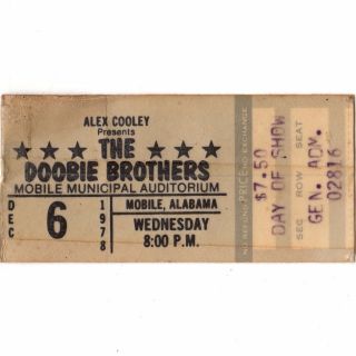 Doobie Brothers Concert Ticket Stub Mobile Al 12/6/78 Minute By Minute Tour Rare