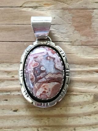 Vintage Navajo Sterling Silver Signed " Pm " Rare Pink Stone Pendant