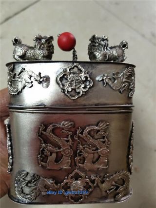 Rare Chinese Tibetan Silver Hand - Carved Dragon And Phoenix And Lion Box