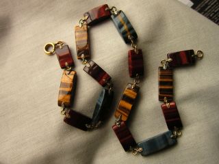 Deco 1960s Necklace Rare Tigers Eye Matrix Carved Panels Red /blue Tigers Eye