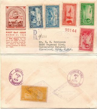 Nicaragua Will Rogers (c237,  C238,  C239,  C240) 1939 Registered Letter Fdc Rare