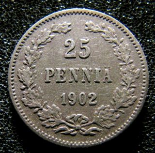 25 Pennia 1902 L Finland/russia Pretty Rare Silver Coin Km 6.  2 Mintage Only 200k