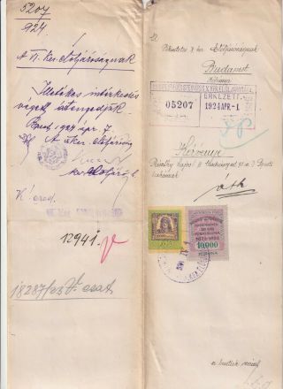 1924,  Hungary,  Inflation,  Document With Overprinted 10000 K Revenue Stamp,  Rare