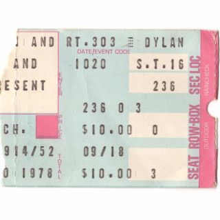 Bob Dylan Concert Ticket Stub Richfield Ohio 10/20/78 Street - Legal Tour Rare