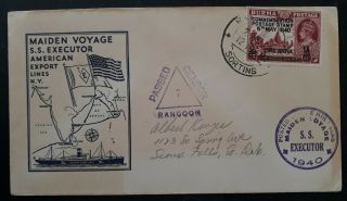 Rare 1940 Burma Maiden Voyage Ss Executor Cover Ties 1a Stamp W O/p Canc Rangoon