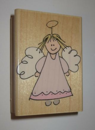 Silly Angel Rubber Stamp Hero Arts Girl Dress Wings Halo Retired Rare 2.  75 " High