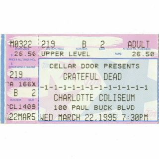 Grateful Dead Concert Ticket Stub Charlotte Nc 3/22/95 Coliseum 1 - 1 - 1 - 1 - 1 - 1 Rare