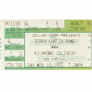 Jerry Garcia Band Concert Ticket Stub Richmond Va 11/18/93 Grateful Dead Rare