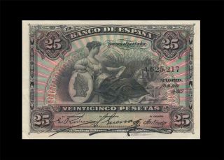 1907 Bank Of Spain 25 Pesetas Madrid X - Rare ( (aunc))