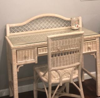 Rare Vintage Henry Link Wicker Writing Table And Chair