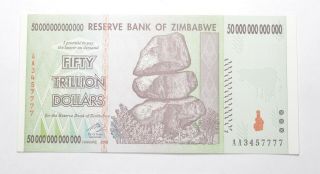 Rare 2008 50 Trillion Dollar - Zimbabwe - Uncirculated Note - 100 Series 299