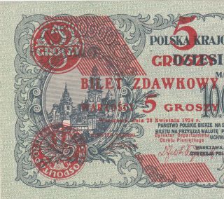 5 Groszy Provisional Unc Overprinted Banknote From Poland 1924 Pick - 43 Rare