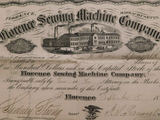 Rare 1868 Florence Sewing Machine Company Capital Stock Certificate Springfield