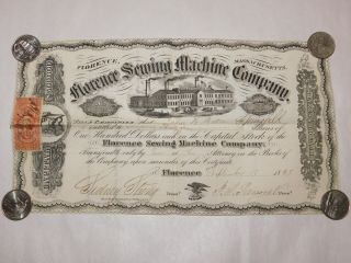 RARE 1868 Florence Sewing Machine Company Capital Stock Certificate Springfield 2