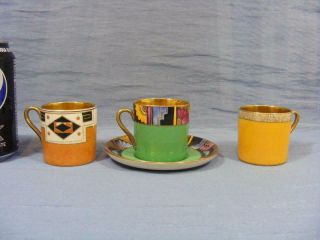 Rare Crown Devon Deco Geometric Hand Painted Coffee Can Cup S & Saucer C1930