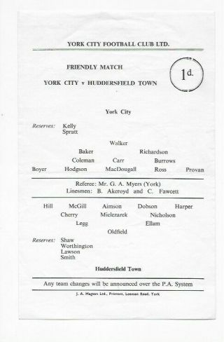 Rare 1968 Friendly York City V Huddersfield Town England Fa Cup