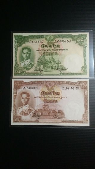Thailand 1953 - 1955 Full Set 2 Note 10 20 Baht P - 76d.  5 And P - 77d.  5 Unc Very Rare