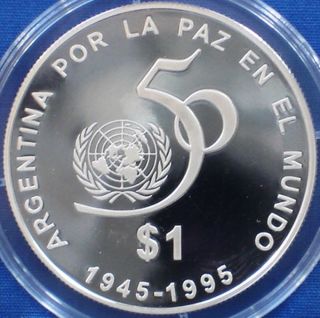 Argentina 1 Peso Silver Proof 1995 United Nations 50th Anniversary - Rare Coin