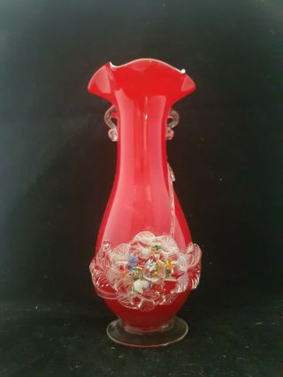 Very Rare Stunning Red Murano Glass Vase With Flower Deco Applied