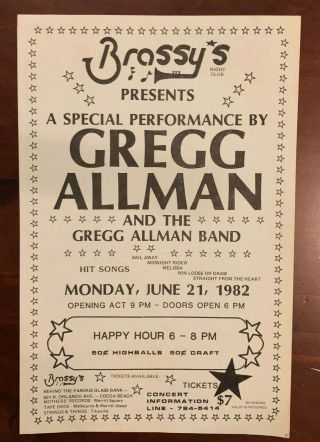 Allman Brothers Gregg Allman Poster Very Rare Brassys Comes Framed