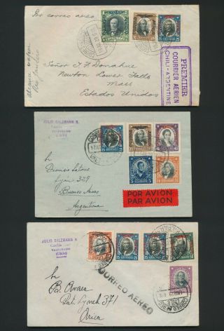 Rare 1929 Chile 1st Flight Covers X3,  Handstamped Airmail Markings,  Vf