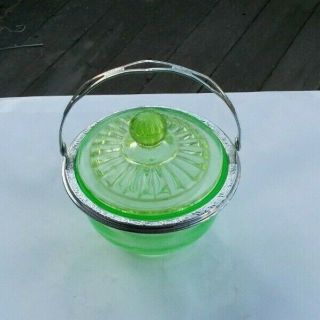 Rare Vintage 5 " Green Depression Glass Covered Candy Dish Jar Vaseline Look Nr