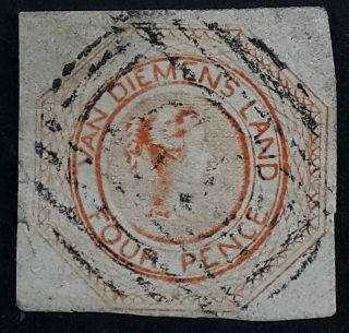 Rare 1853 - Tasmania Australia 4d Pale Orange Imperf Courier Stamp