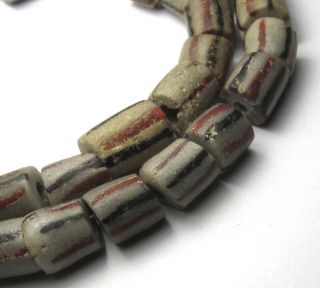 10 " Strand Of 34 Rare Well Worn Mixed Striped Ghana Sand Cast Glass Beads