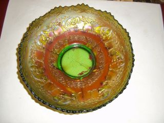 Rare Fenton Carnival Glass Green Peter Rabbit Ruffled Bowl / Dish