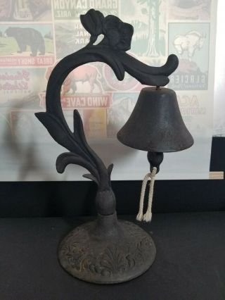Very Rare Vintage Standing Black Cast Iron Dinner Bell Flowers On Stem
