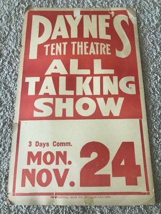 Rare Payne’s Tent Theatre All Talking Show Poster 1920’s Film Movie 23x14