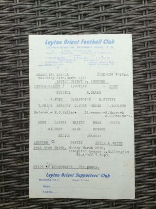 Leyton Orient V Ashford 24.  03.  1962 Rare One Pager Seanglian League Game Youth