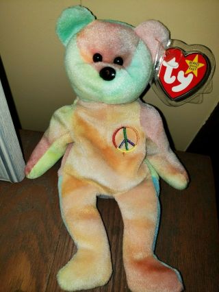 Peace Ty Beanie Baby Rare Retired Tie - Dyed Bear With Tags Tan Body