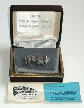 Rare Vintage 1960s American Bison Silver Brooch Designer Sid Bell Cert & Box Nr