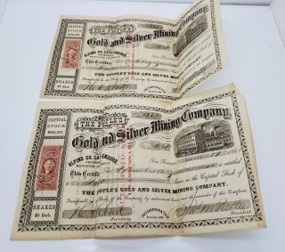 2 Sequential The Peoples Gold And Silver Mining Certificate 1865 California Rare
