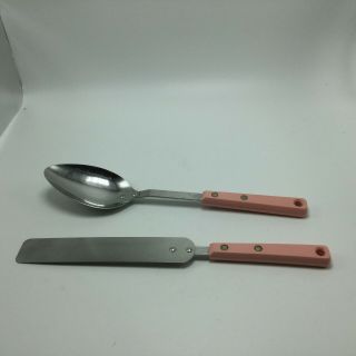Vintage Ekco Forge Stainless Steel Spatula Spoon Rare Pink Handles Usa Made