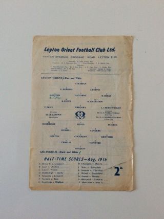 Leyton Orient V Gillingham 19.  08.  1961 Rare One Pager Seanglian League Game Youth