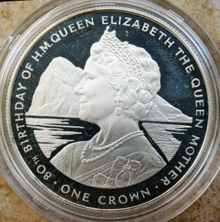 Gibraltar 1 Crown 1980.  925 Sterling Silver Proof - Queen Mother - Km 11a Rare