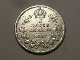1908 " Rare " Canada 92.  5 Silver Five Cent Low Mintage 1,  220,  524