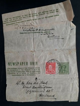 Rare 1939 Australia 1d Green Newspaper Wrapper Uprated Camberwell - Holland