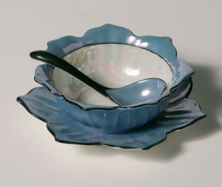 Vintage Art Deco Noritake Sauce Bowl Set - Iridescent With Rare Spoon