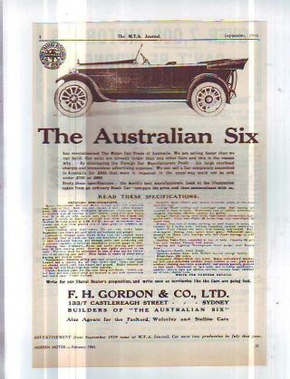 Rare Australian Six 1919 Advertisement Laminated