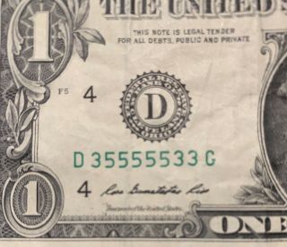 2013 D Series $1 One Dollar Bill Fancy 5 Of A Kind Binary Rare Note Frn Us Cool