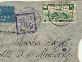 Egypt Airmail Letter Tied Rare 30mill.  Censored Marks Sent Beirut From Alex 1930