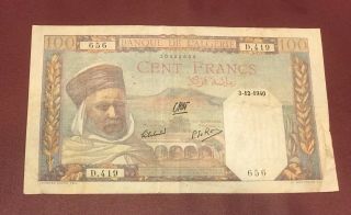 Algeria Algerie 100 Francs French Colony 1940 Bank Note Rare Date
