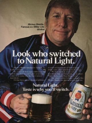 Vintage 1980 Mickey Mantle Natural Light Beer Poster Print Ad Yankees Rare