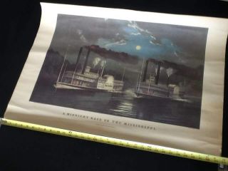 Rare Vintage Midnight Race On The Mississippi 34 " X24 " Lithograph Currier & Ives